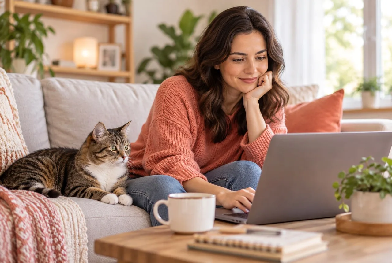 Owner using laptop on sofa beside tabby cat